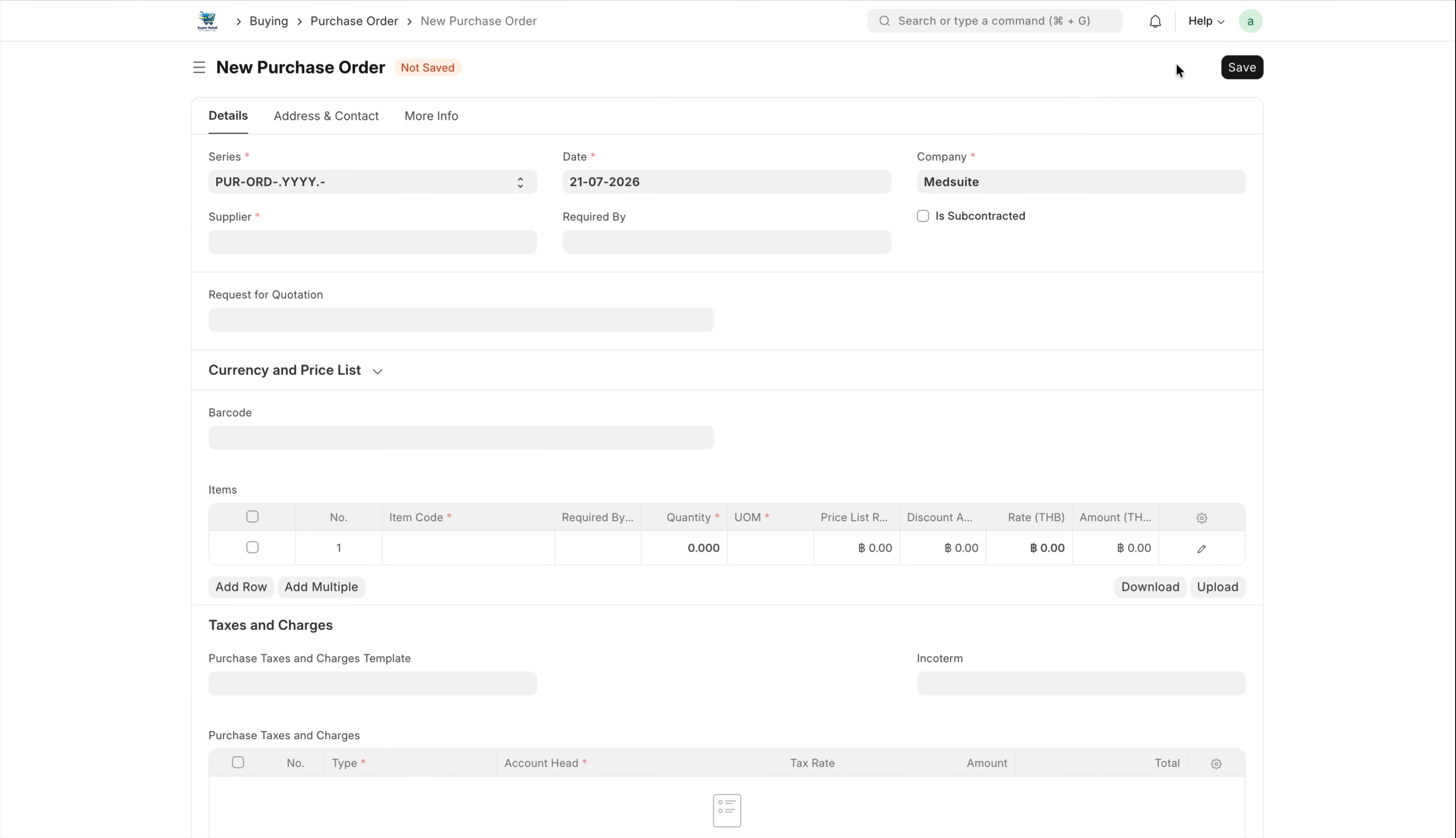ภาพขั้นที่ 1: Purchase Order: ใบสั่งซื้อ (กรณี Landed Cost Voucher)