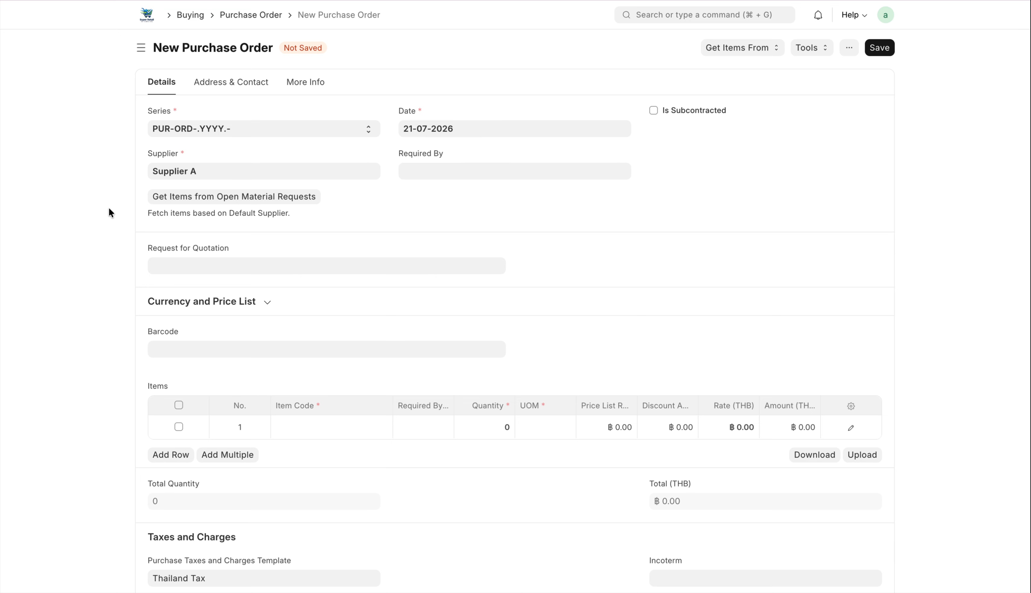 ภาพขั้นที่ 2: Purchase Order: ใบสั่งซื้อ (กรณี Landed Cost Voucher)