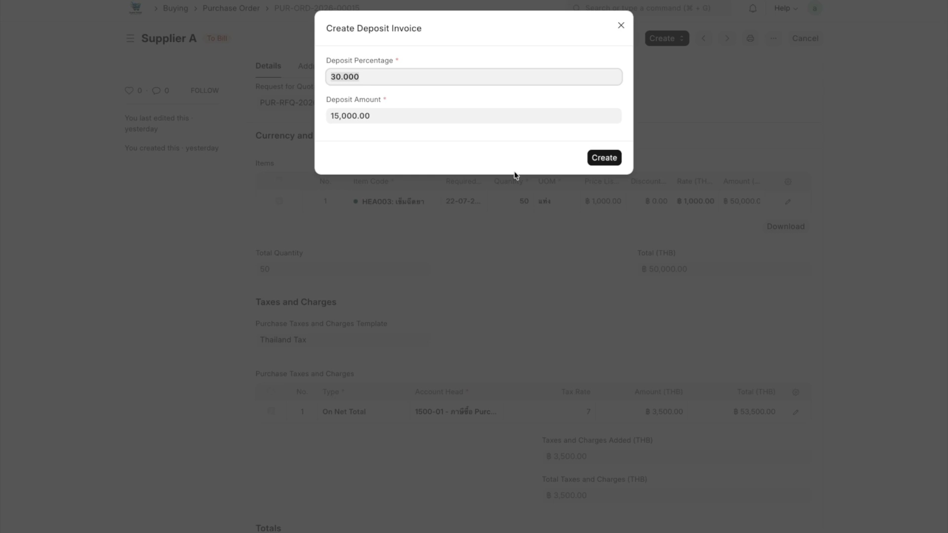 ภาพขั้นที่ 3: Purchase Invoice #1: สร้าง Deposit Invoice โดยตรง (มัดจำ)