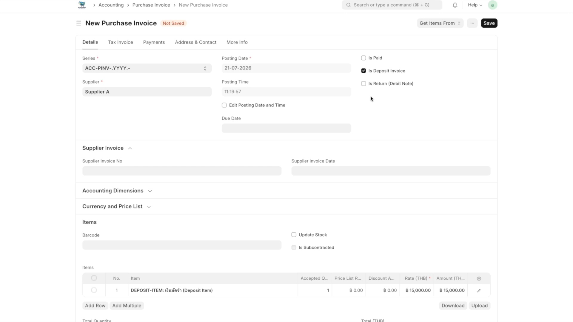 ภาพขั้นที่ 4: Purchase Invoice #1: สร้าง Deposit Invoice โดยตรง (มัดจำ)