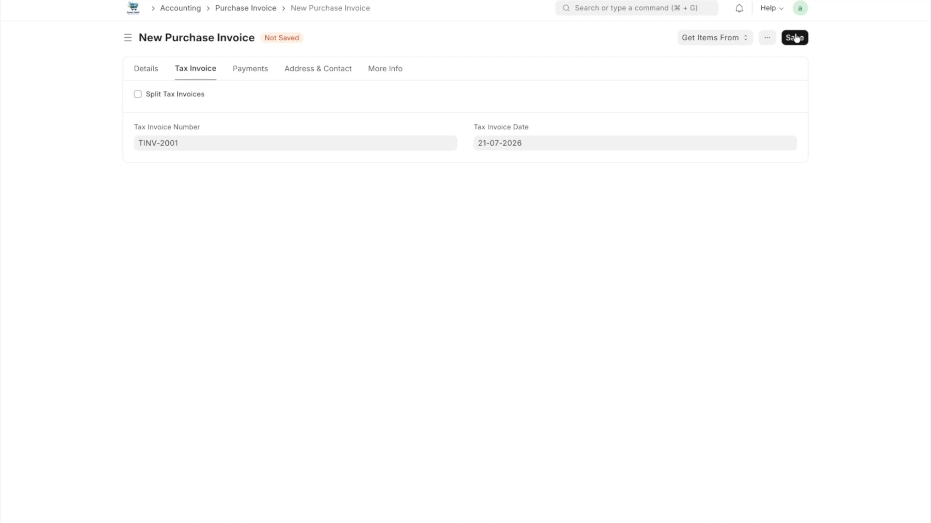 ภาพขั้นที่ 6: Purchase Invoice #1: สร้าง Deposit Invoice โดยตรง (มัดจำ)