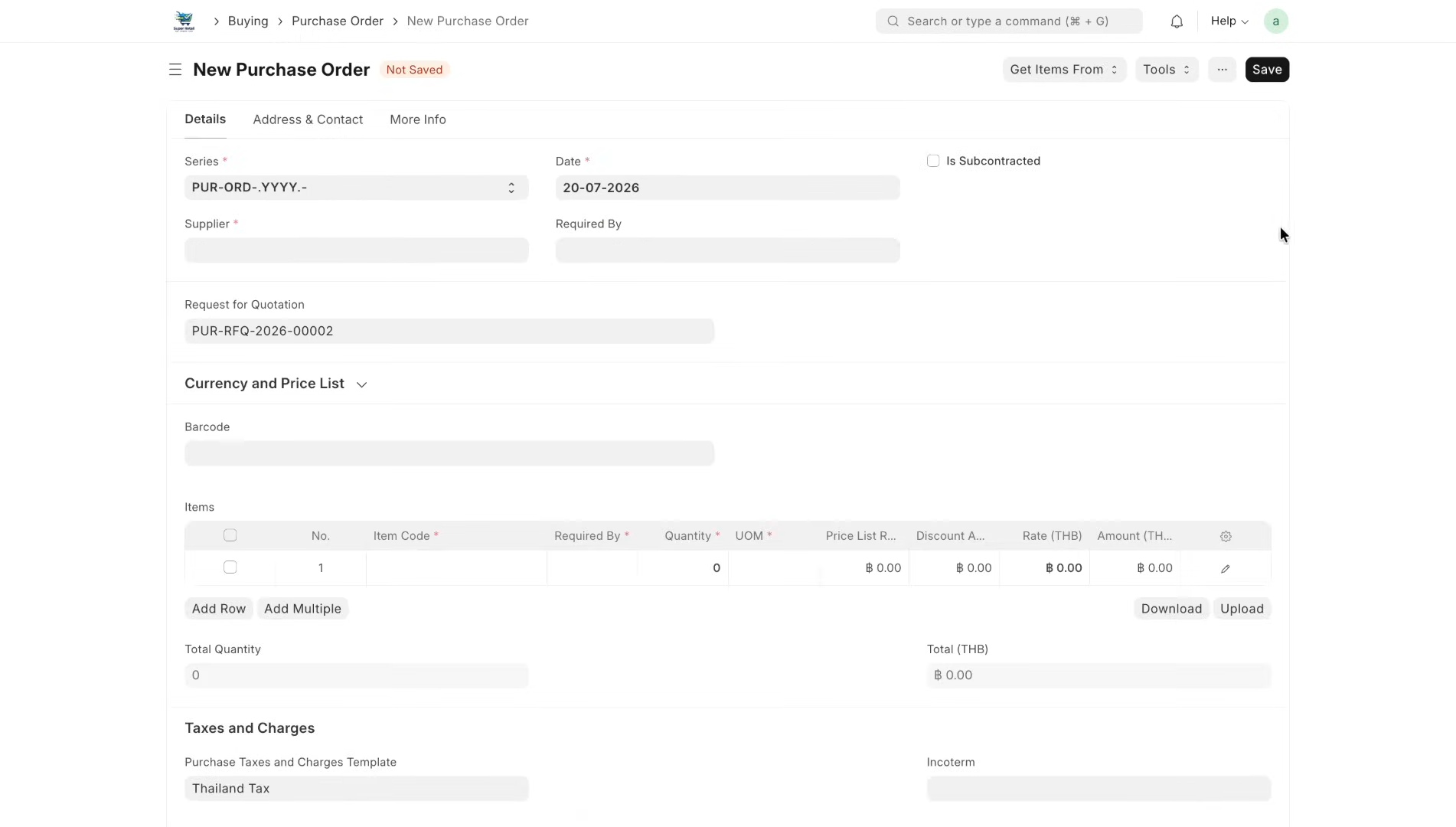 ภาพขั้นที่ 1: Purchase Order: ตั้งเงื่อนไขมัดจำ (มัดจำ)