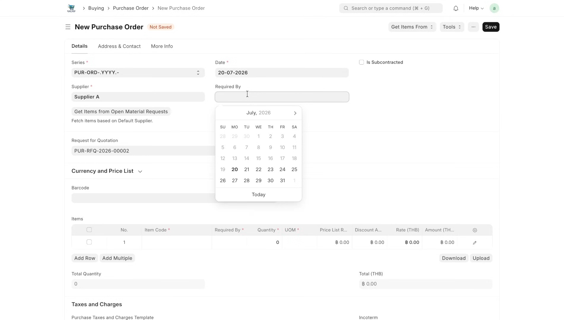 ภาพขั้นที่ 2: Purchase Order: ตั้งเงื่อนไขมัดจำ (มัดจำ)