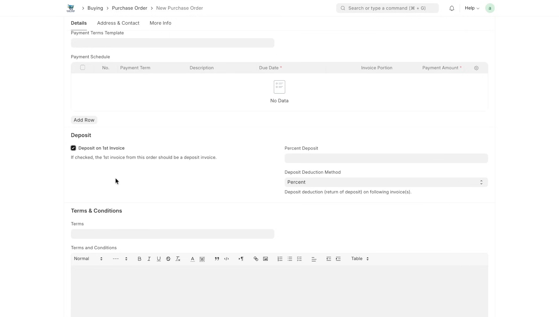 ภาพขั้นที่ 5: Purchase Order: ตั้งเงื่อนไขมัดจำ (มัดจำ)